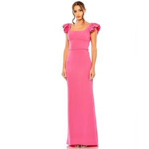 Mac Duggal Ruffle Cap Sleeve Open Back Column Gown Fuchsia